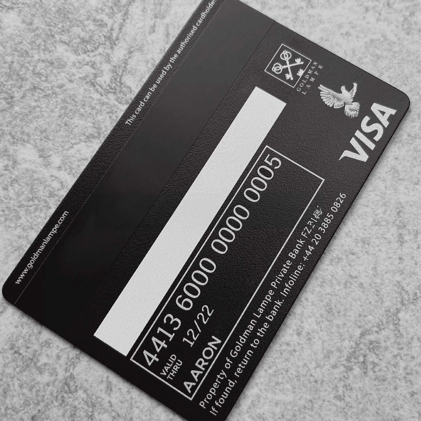 Premium luxury Goldman Lampe black metal card designed for high-net-worth international banking clients
