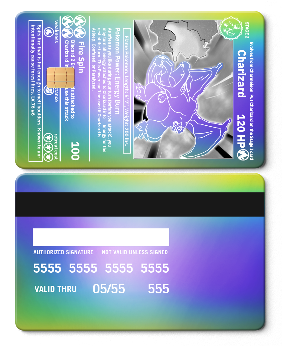 Luxury Charizard metal card featuring engraved metal card details and high-end international color variations