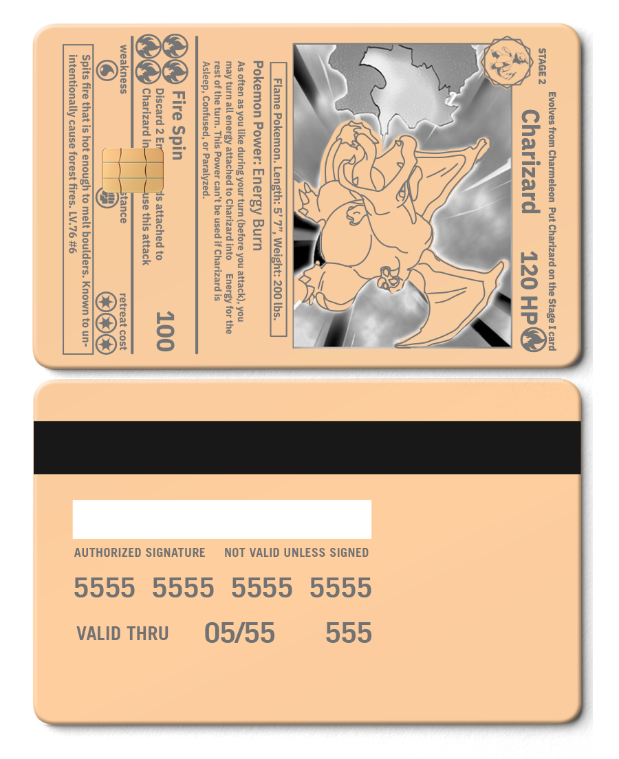 Elite Charizard metal card with high-end metal card finish, modern design, and multiple color variations for international clients