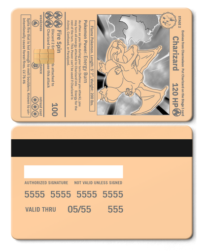 Elite Charizard metal card with high-end metal card finish, modern design, and multiple color variations for international clients