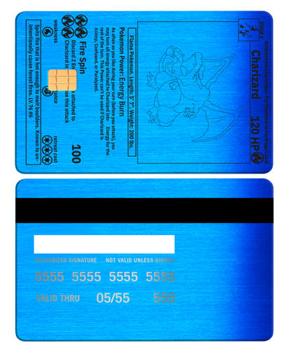 Luxury Charizard metal card with sophisticated metal card finish and multiple color variations for international clients
