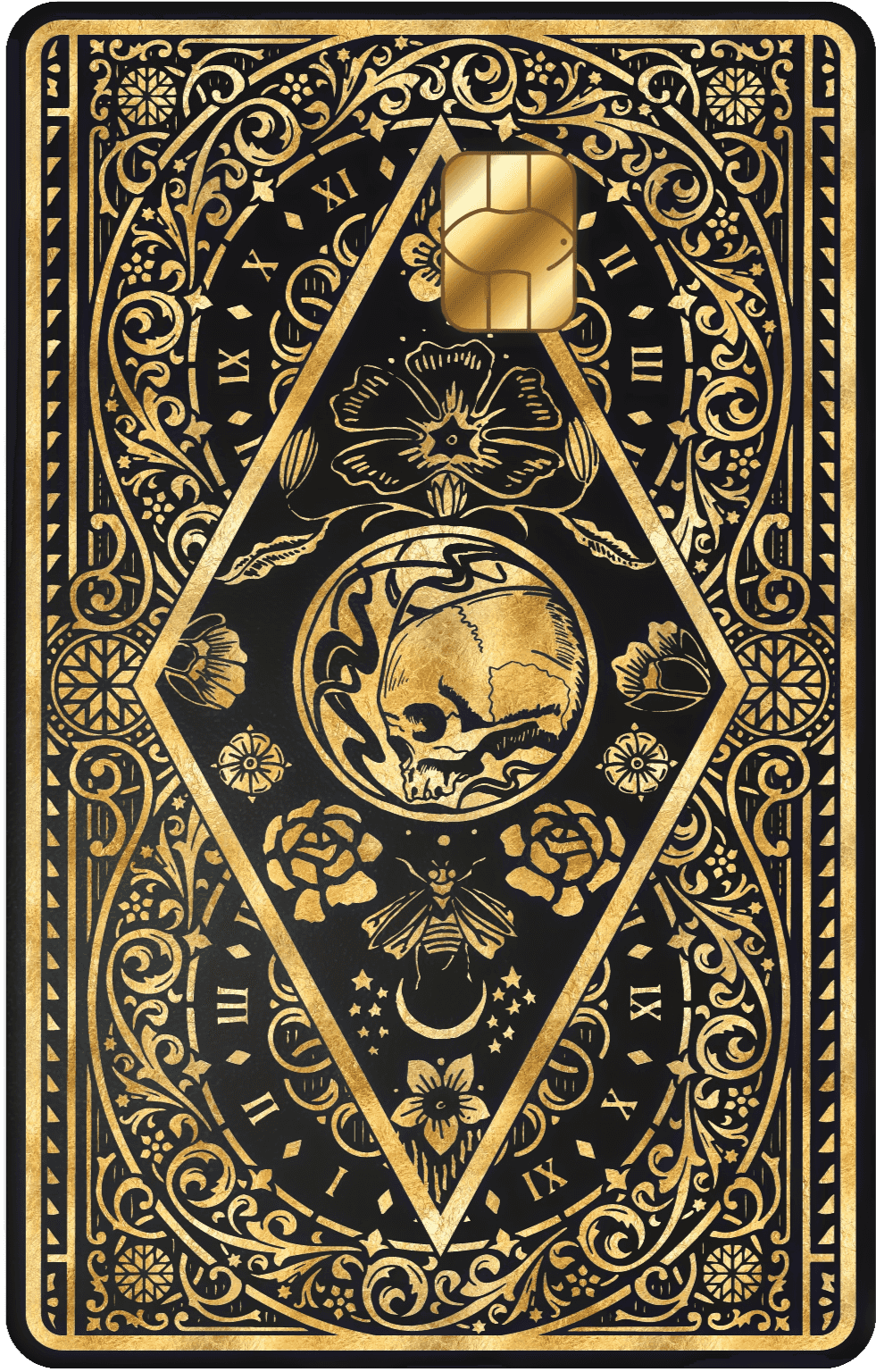Clock of Death metal card by Gold Wraps, dark stainless steel with skull and clock design