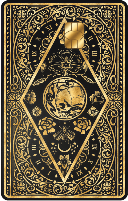 Clock of Death metal card by Gold Wraps, dark stainless steel with skull and clock design