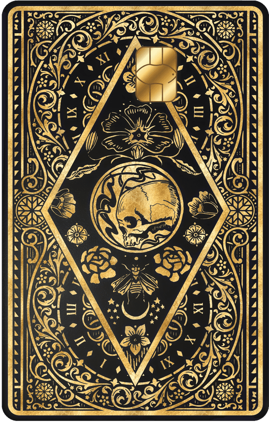 Clock of Death metal card by Gold Wraps, dark stainless steel with skull and clock design