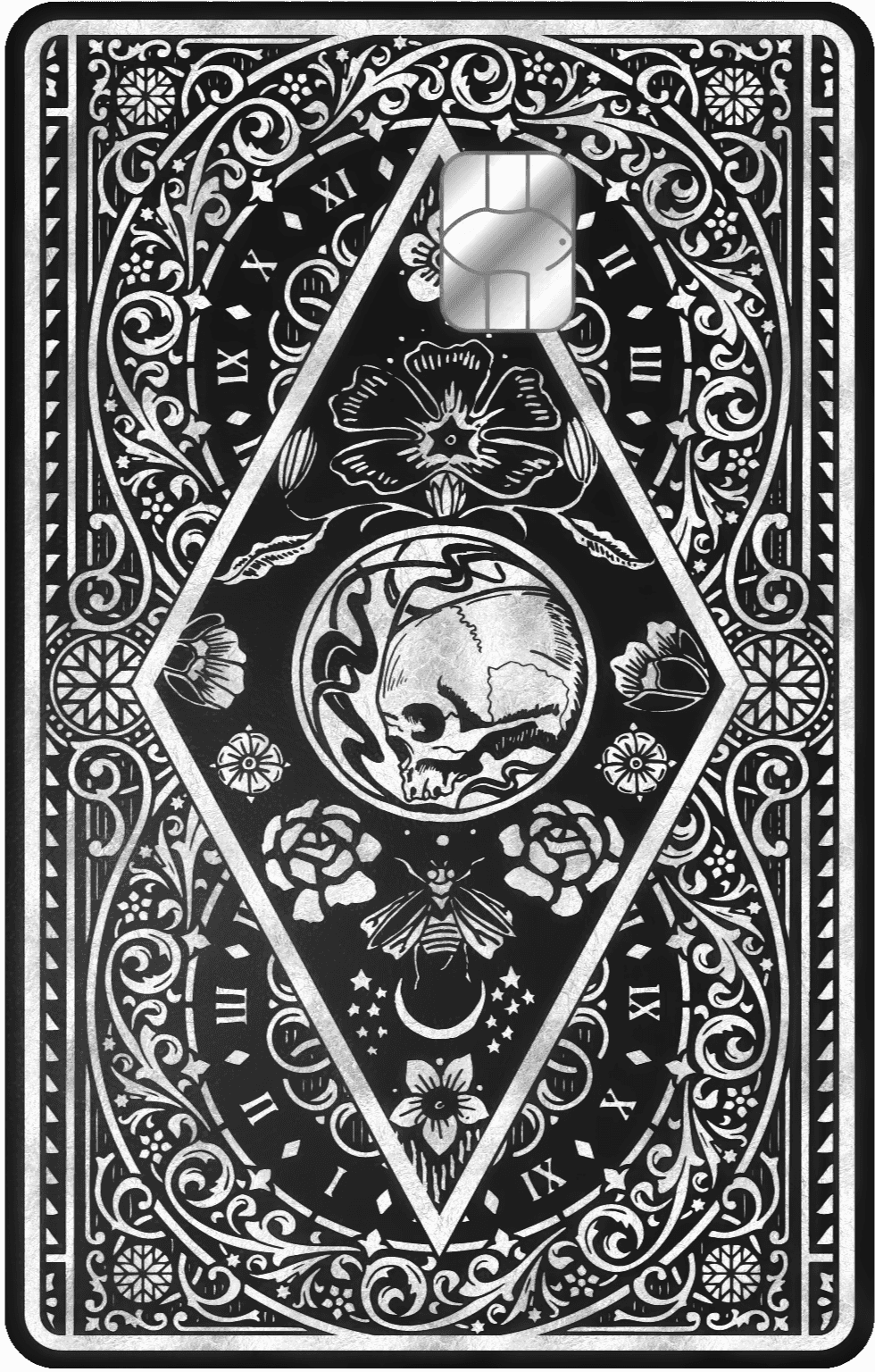 Luxury Clock of Death vertical metal card featuring detailed artistic engraving