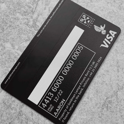 Premium luxury Goldman Lampe black metal card designed for high-net-worth international banking clients