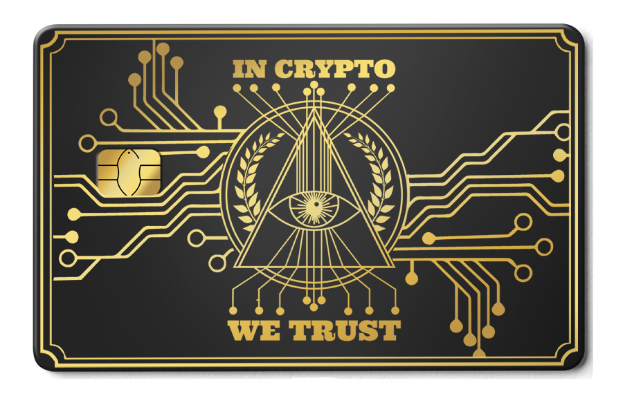 In Crypto We Trust metal card by Gold Wraps, stainless steel with pyramid crypto design