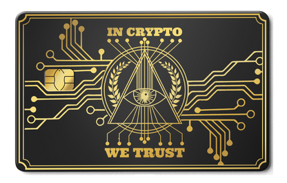 In Crypto We Trust metal card by Gold Wraps, stainless steel with pyramid crypto design