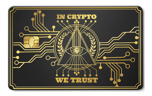 In Crypto We Trust metal card by Gold Wraps, stainless steel with pyramid crypto design