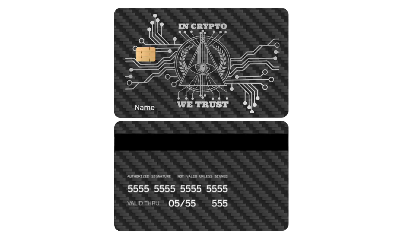 High-end In Crypto We Trust metal card with engraved metal card detailing and luxury global design