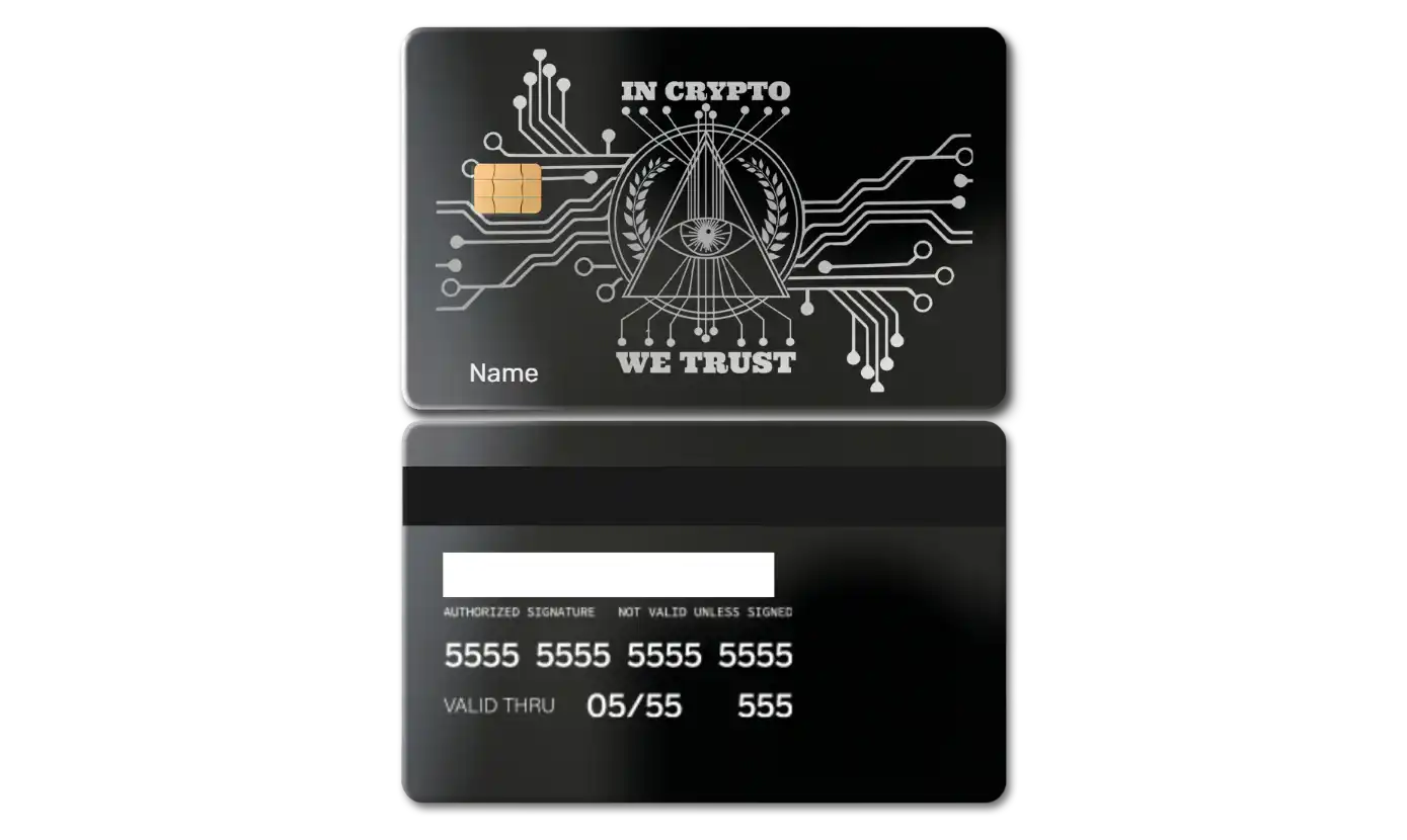 Premium In Crypto We Trust metal card with modern metal card styling and high-end cryptocurrency design