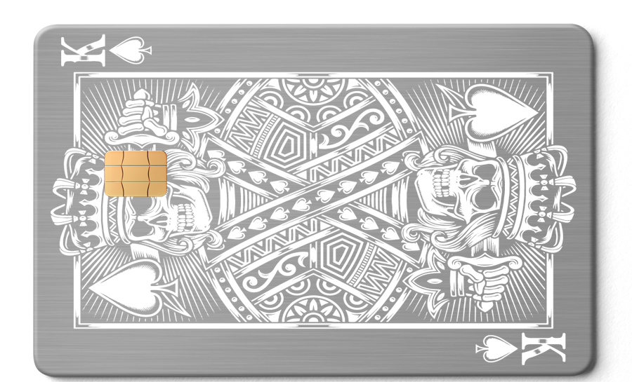 Custom engraved King of Spades metal cards with intricate metal detailing, premium metal cards for international buyers