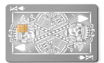 Custom engraved King of Spades metal cards with intricate metal detailing, premium metal cards for international buyers