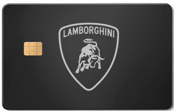 Black Lamborghini metal card with silver logo and chip, Luxury Lamborghini metal card featuring high-end engraved automotive detailing