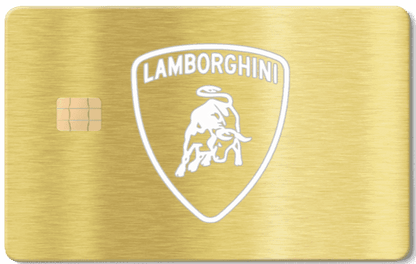Brushed gold metal card with Lamborghini logo and embedded chip, Exclusive Lamborghini metal card with sophisticated modern luxury finish