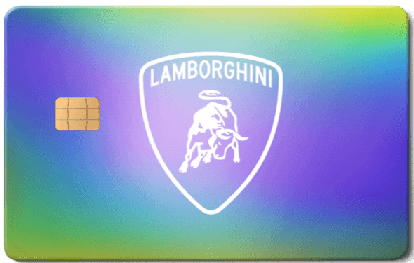 Elite Lamborghini metal card with intricate engraved detailing inspired by luxury cars, Lamborghini metal card with rainbow gradient background and chip