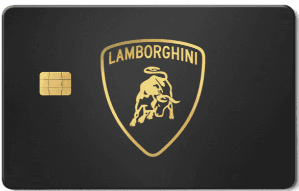 Luxury Lamborghini metal card crafted for elite international collectors, Lamborghini metal card with gold logo on matte black background, featuring EMV chip