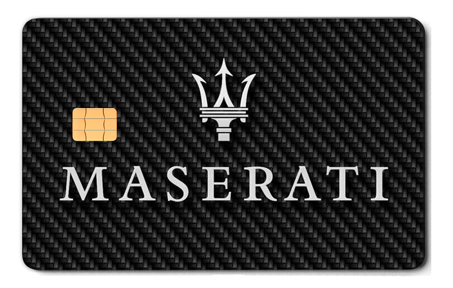 Maserati metal card by Gold Wraps, premium stainless steel with laser-etched trident design