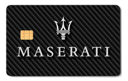 Maserati metal card by Gold Wraps, premium stainless steel with laser-etched trident design