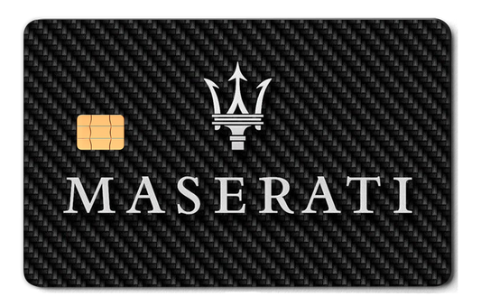 Maserati metal card by Gold Wraps, premium stainless steel with laser-etched trident design