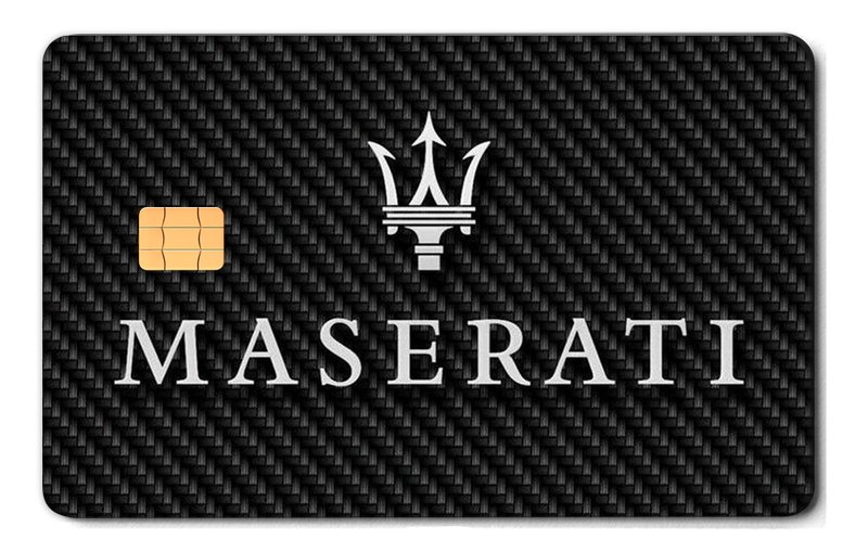 Maserati metal card by Gold Wraps, premium stainless steel with laser-etched trident design