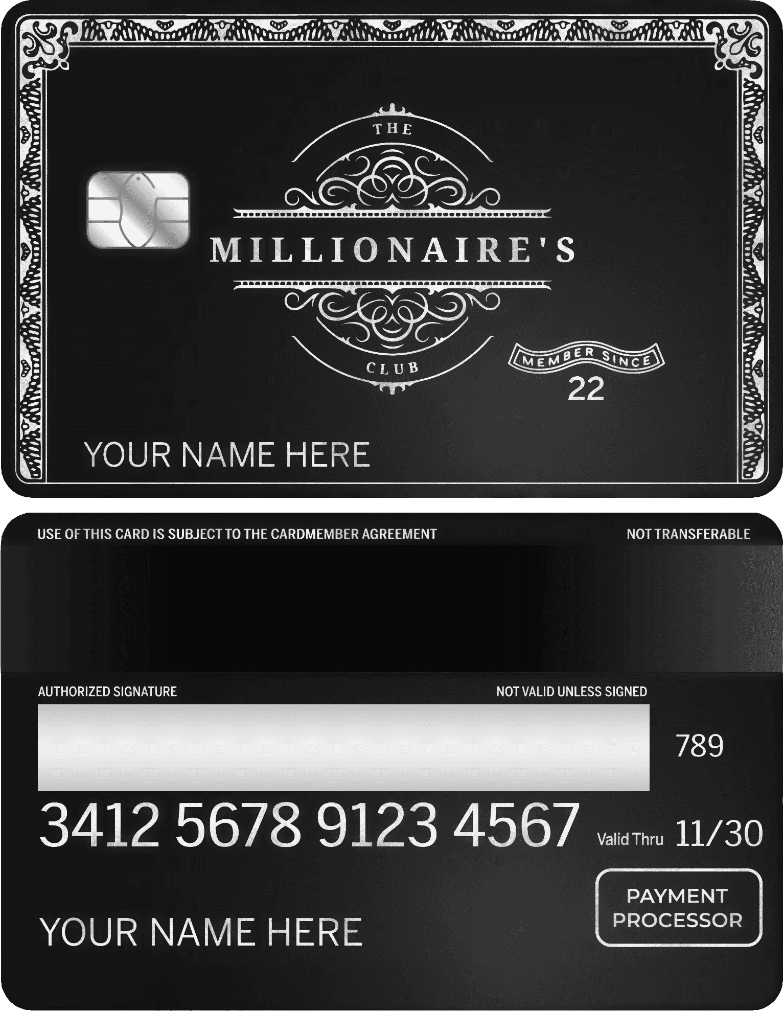 High-end Millionaires Club metal card with premium finish for international clients