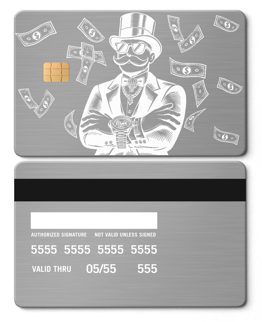 Collector showcase of Monopoly Boss metal cards, high-end luxury custom metal cards worldwide