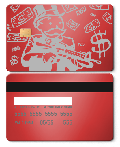 Collector showcase of Monopoly Man metal cards, high-end luxury custom metal cards worldwide