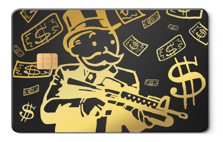 Monopoly Man metal card by Gold Wraps, premium stainless steel with flying dollars design