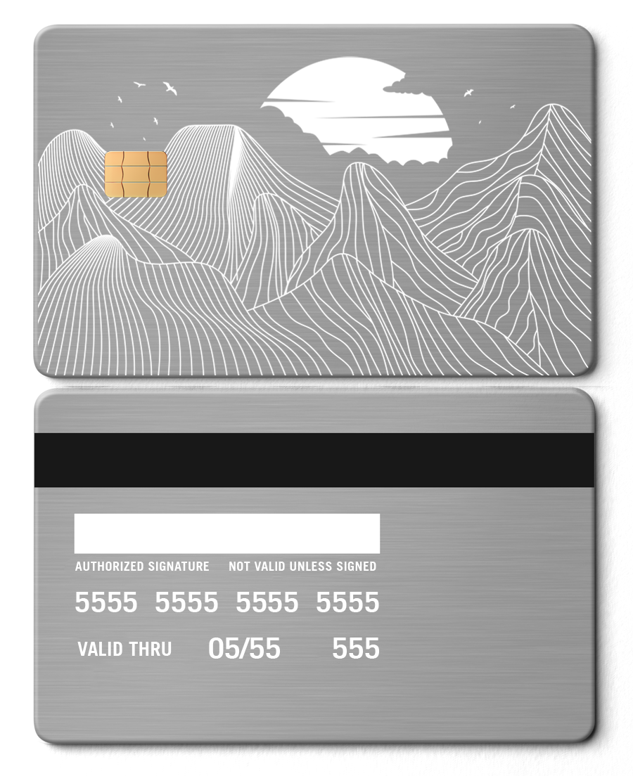 Custom engraved Mountain Line metal cards with intricate metal detailing, premium metal cards for international buyers