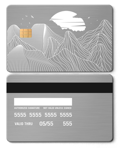 Custom engraved Mountain Line metal cards with intricate metal detailing, premium metal cards for international buyers