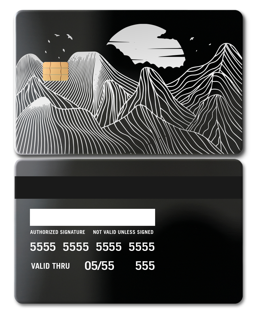 Mountain Line metal cards with intricate engraved artwork, premium custom metal cards for international collectors
