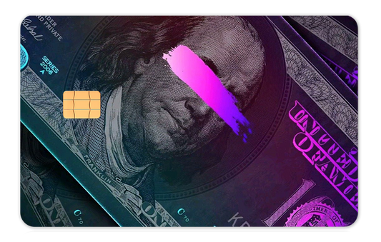 Neon Franklin metal card by Gold Wraps, stainless steel with neon Benjamin Franklin design
