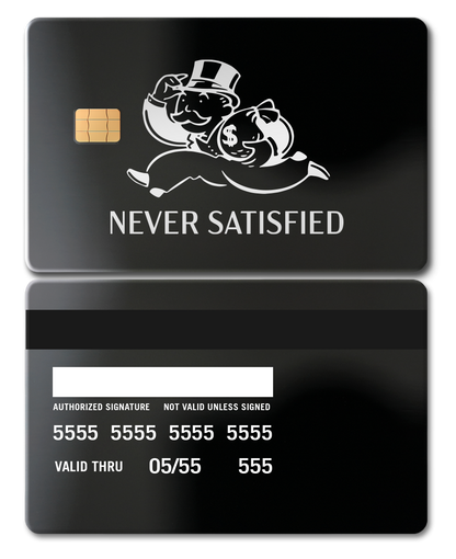 Never Satisfied metal card with intricate engraved artwork, premium custom metal card for international collectors
