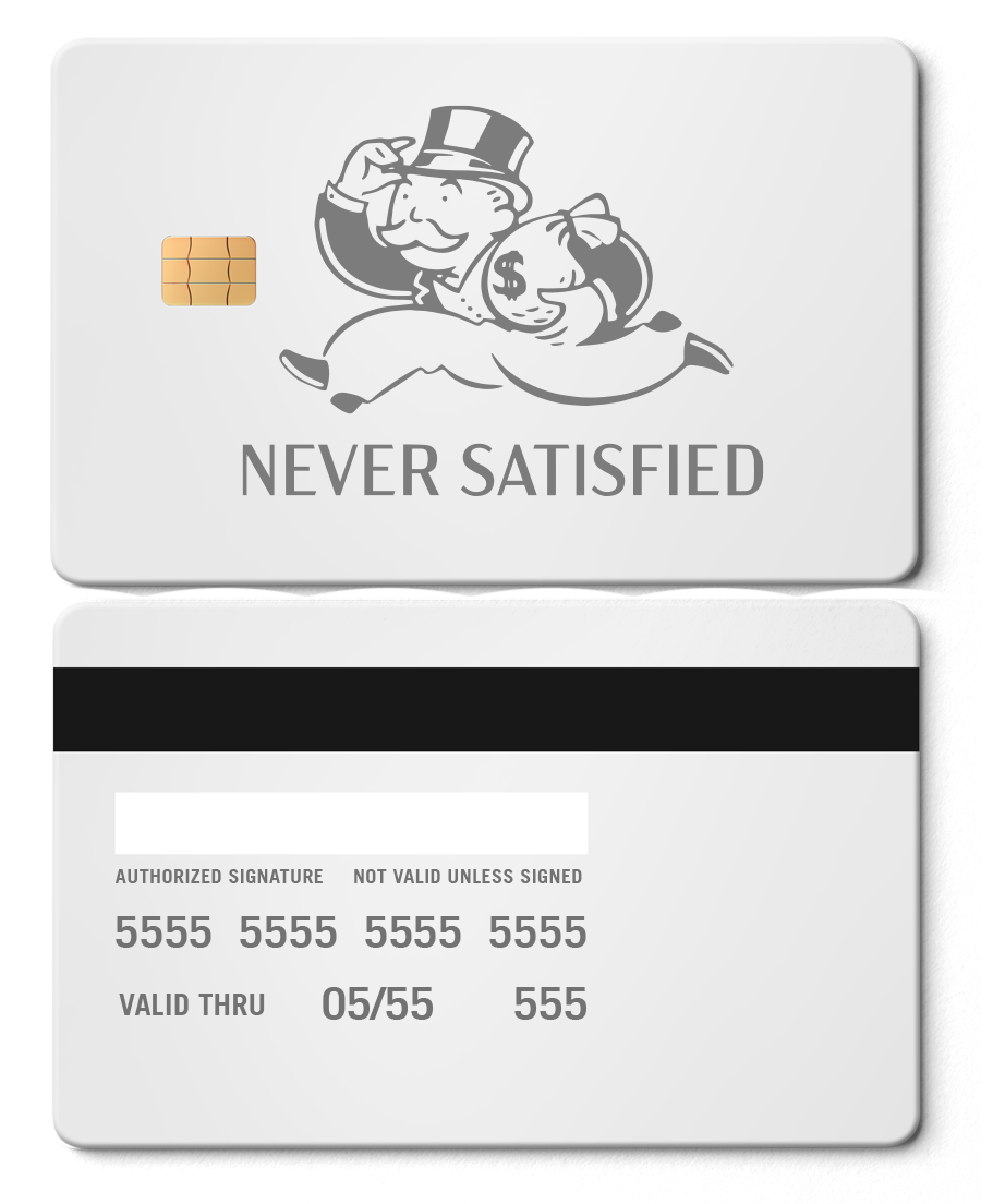 Exclusive Never Satisfied metal card with premium metal finish, high-end custom metal card for global buyers