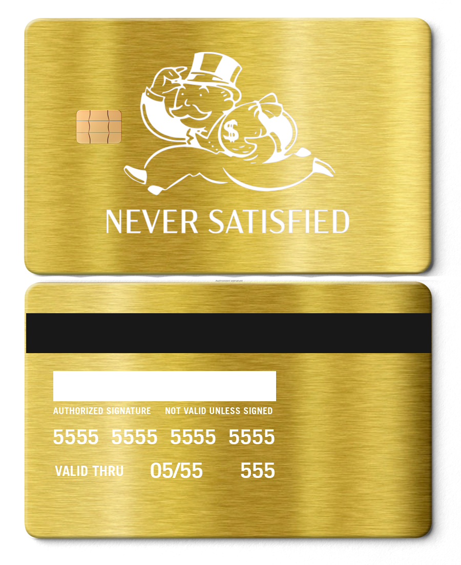 Ultra-premium Never Satisfied metal card with luxurious engraved design, elite custom metal card for global buyers