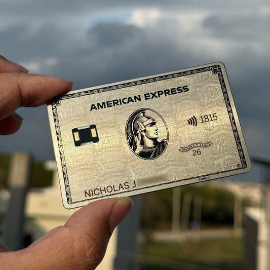 Platinum AMEX metal card by Gold Wraps, premium silver stainless steel luxury card