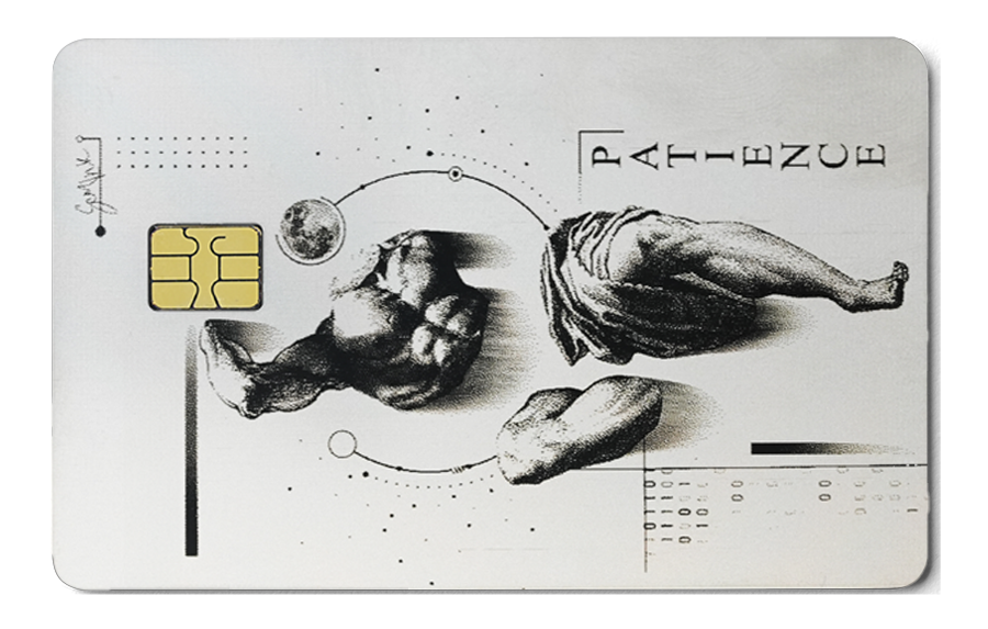 Overpowered Atlas metal card by Gold Wraps, stainless steel with patience design
