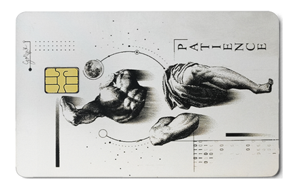 Overpowered Atlas metal card by Gold Wraps, stainless steel with patience design