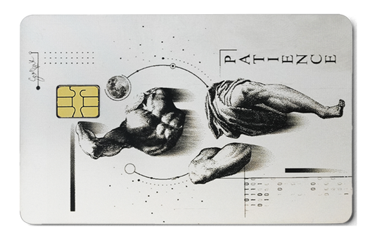 Overpowered Atlas metal card by Gold Wraps, stainless steel with patience design