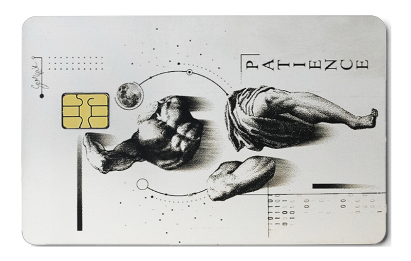 Overpowered Atlas metal card by Gold Wraps, stainless steel with patience design