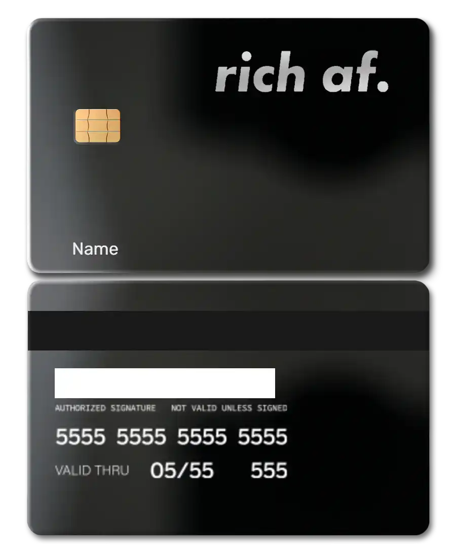 Rich AF metal card with intricate engraved artwork, premium custom metal card for international collectors
