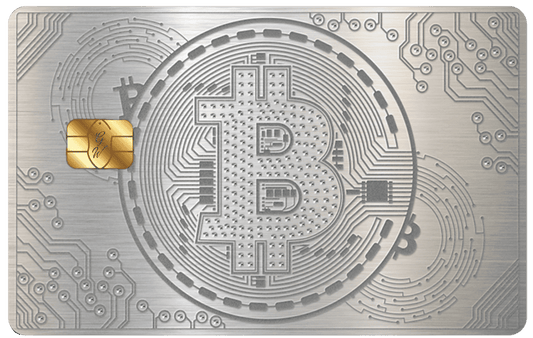 Silver Bitcoin metal card by Gold Wraps, premium silver stainless steel crypto card