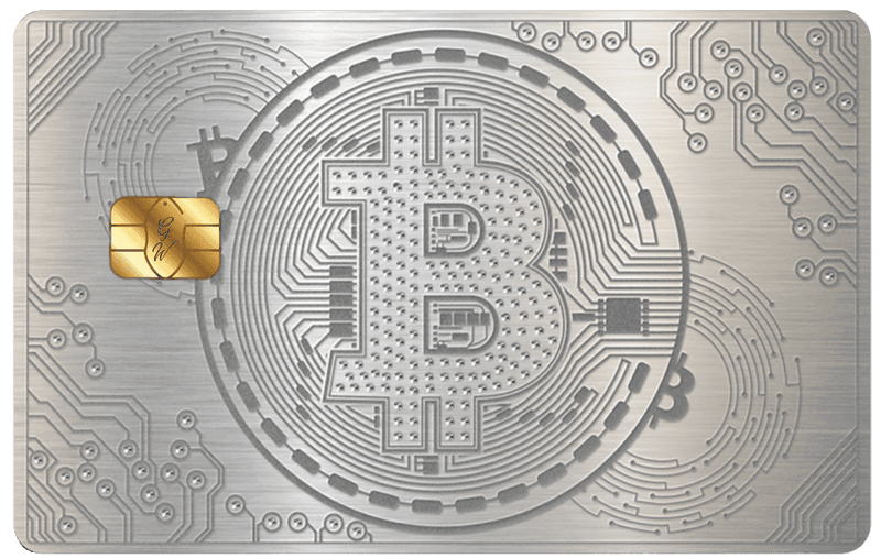 Silver Bitcoin metal card by Gold Wraps, premium silver stainless steel crypto card